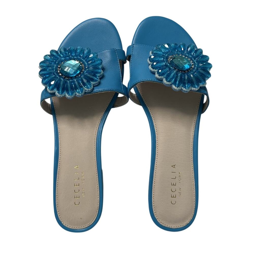 NWI* Cecelia New York Blue Embellish Slide Sandals Crystal Floral Detail Size 8